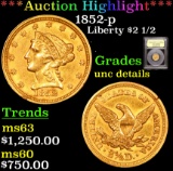 1852-p Gold Liberty Quarter Eagle $2 1/2 Graded unc details By USCG.