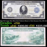 1914 $10 Large Size Blue Seal Federal Reserve Note Kansas City, MI 10-J Grades vf++