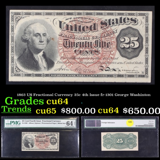1863 US Fractional Currency 25c 4th Issue fr-1301 George Washinton Graded cu64 By PMG