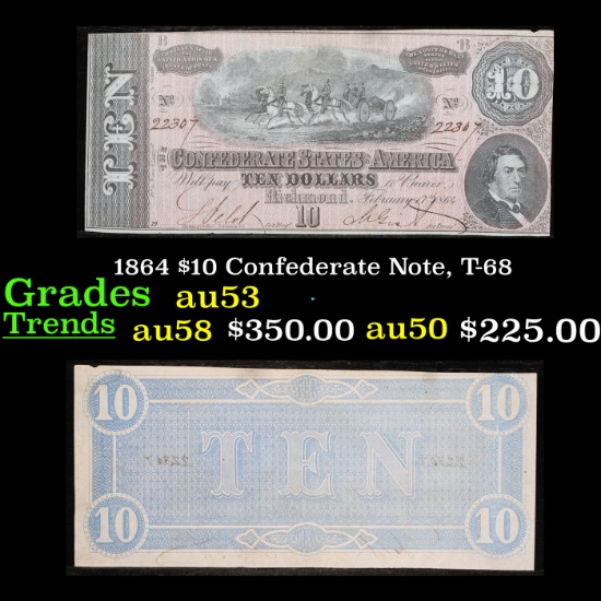 1864 $10 Confederate Note, T-68 Grades Select AU