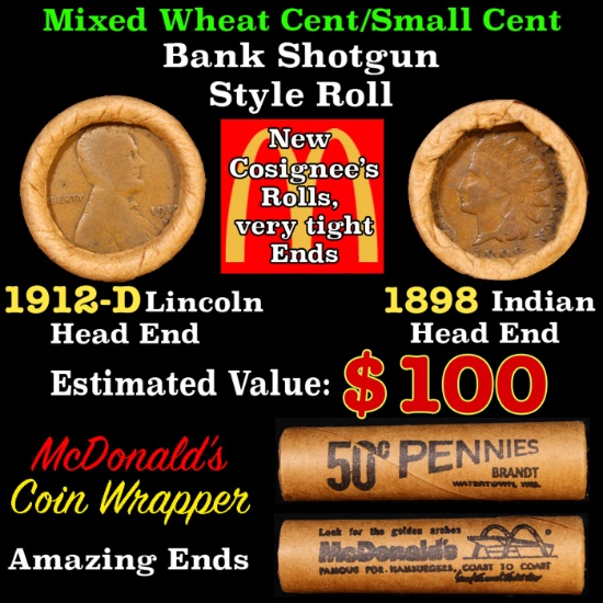 Mixed small cents 1c orig shotgun Brandt McDonalds roll, 1912-d Wheat Cent, 1892 Indian Cent other