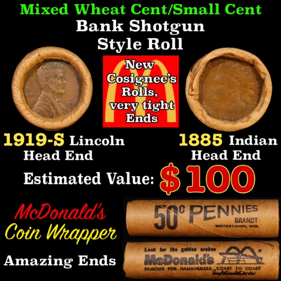 Mixed small cents 1c orig shotgun Bandt McDonalds roll, 1919-s Wheat Cent, 1885 Indian Cent other en