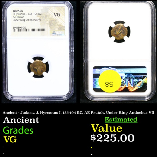 NGC Ancient - Judaea, J. Hyrcanus I, 135-104 BC, AE Prutah, Under King Antiochus VII Graded VG By NG