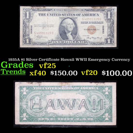 1935A $1 Silver Certificate Hawaii WWII Emergency Currency Grades vf+