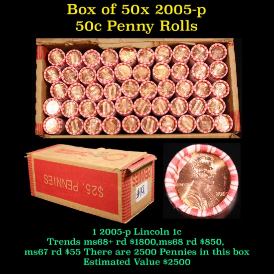 Box of 50 Rolls of 2005-p Gem Unc Lincoln Cents 1c, 50 Coins Each 2500 Coins total