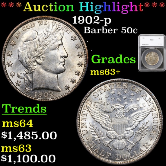 ***Auction Highlight*** 1902-p Barber Half Dollars 50c Graded ms63+ By SEGS (fc)