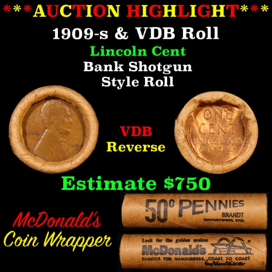 ***Auction Highlight*** Lincoln Wheat cent 1c orig Brandt McDonalds roll, 1909-s end, VDB other end