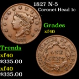 1827 Coronet Head Large Cent N-5 1c Grades xf