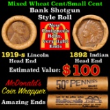 Mixed small cents 1c orig shotgun Brandt McDonalds roll, 1919-s Wheat Cent, 1892 Indian Cent other