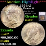 ***Auction Highlight*** 1934-d Peace Dollar $1 Graded ms66+ By SEGS (fc)