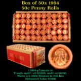 Box of 50 Rolls of 1964-p Gem Unc Lincoln Cents 1c, 50 Coins Each 2500 Coins total