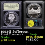 Proof 1993-S Jefferson Modern Commem Dollar $1 Graded GEM++ Proof Deep Cameo By USCG