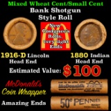 Mixed small cents 1c orig shotgun Brandt McDonalds roll, 1916-d Wheat Cent, 1880 Indian Cent othe