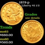 1878-p Gold Liberty Quarter Eagle $2 1/2 Grades Unc Details