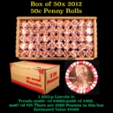 Box of 50 Rolls of 2012-p Gem Unc Lincoln Cents 1c, 50 Coins Each 2500 Coins total