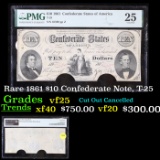 Rare 1861 $10 Confederate Note, T-25 Graded vf25 By PMG