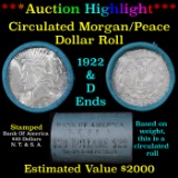 ***Auction Highlight*** Full solid Bank Of America Morgan/Peace silver dollar roll, 20 coin 1922 & '