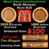 Mixed small cents 1c orig shotgun Brandt McDonalds roll, 1918-d Wheat Cent, 1890 Indian Cent other