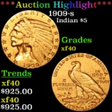 ***Auction Highlight*** 1909-s Gold Indian Half Eagle $5 Grades xf (fc)