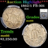 1862/1 Three Cent Silver FS-301 3cs Graded ms66 BY SEGS