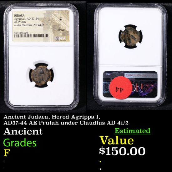 NGC Ancient Judaea, Herod Agrippa I, AD37-44 AE Prutah under Claudius AD 41/2 Graded F By NGC
