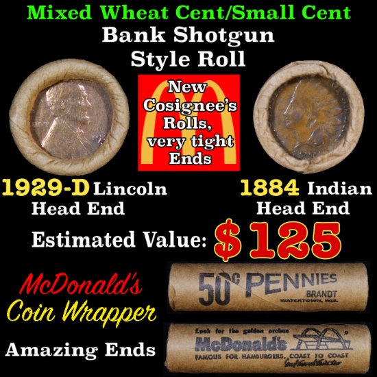 Mixed small cents 1c orig shotgun Brandt McDonalds roll, 1929-dWheat Cent, 1884 Indian Cent other