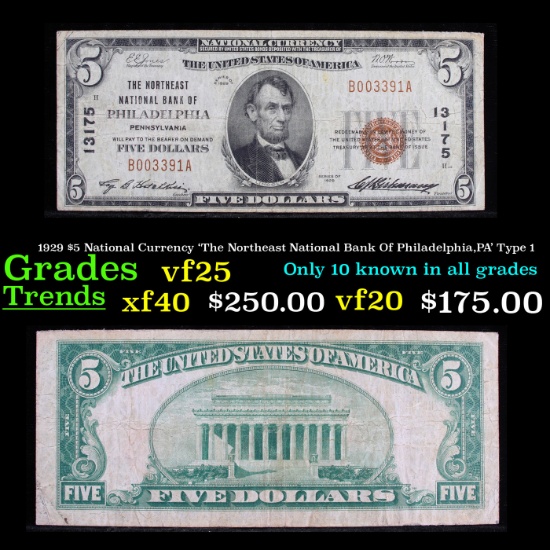 1929 $5 National Currency 'The Northeast National Bank Of Philadelphia,PA' Type 1 Grades vf+