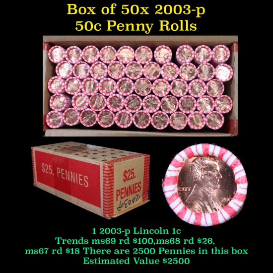 Box of 50 Rolls of 2003-p Gem Unc Lincoln Cents 1c, 50 Coins Each 2500 Coins total