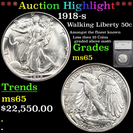 ***Auction Highlight*** 1918-s Walking Liberty Half Dollar 50c Graded ms65 BY SEGS (fc)