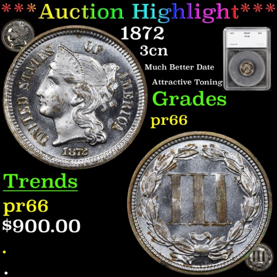 Proof ***Auction Highlight*** 1872 Three Cent Copper Nickel 3cn Graded pr66 By SEGS (fc)