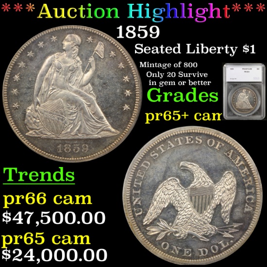 Proof ***Auction Highlight*** 1859 Seated Liberty Dollar $1 Graded pr65+ cam By SEGS (fc)