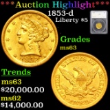 ***Auction Highlight*** 1853-d Gold Liberty Half Eagle $5 Graded ms63 By SEGS (fc)