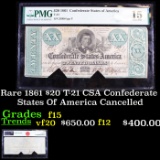 Rare 1861 $20 T-21 CSA Confederate States Of America Cancelled Graded f15 By PMG