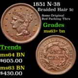 1851 Braided Hair Large Cent N-38 1c Grades Select+ Unc BN
