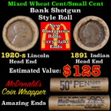 Mixed small cents 1c orig shotgun Brandt McDonalds roll, 1920-s Wheat Cent, 1891 Indian Cent other e