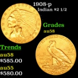 1908-p Gold Indian Quarter Eagle $2 1/2 Grades Choice AU/BU Slider
