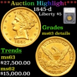 ***Auction Highlight*** 1845-d Gold Liberty Half Eagle $5 Graded ms63 details By SEGS (fc)