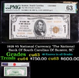 1929 $5 National Currency 'The National Bank Of South Carolina Of Sumter, SC' Graded cu63 By PMG