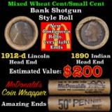 Mixed small cents 1c orig shotgun Brandt McDonalds roll, 1912-d Wheat Cent, 1890 Indian Cent other