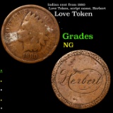 Indian cent from 1880 Love Token, script name, Herbert Grades NG