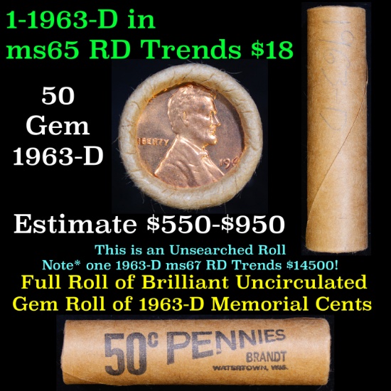 Shotgun Lincoln 1c roll, 1963-d 50 pcs Brandt Wrapper