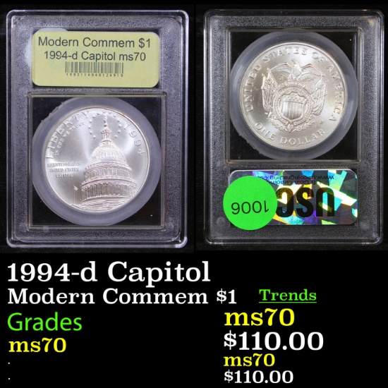 1994-d Capitol Modern Commem Dollar $1 Graded ms70, Perfection By USCG
