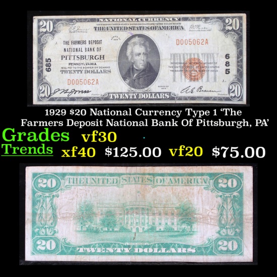 1929 $20 National Currency Type 1 'The Farmers Deposit National Bank Of Pittsburgh, PA' Grades vf++