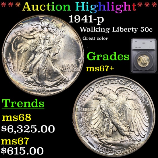 ***Auction Highlight*** 1941-p Walking Liberty Half Dollar 50c Graded ms67+ By SEGS (fc)