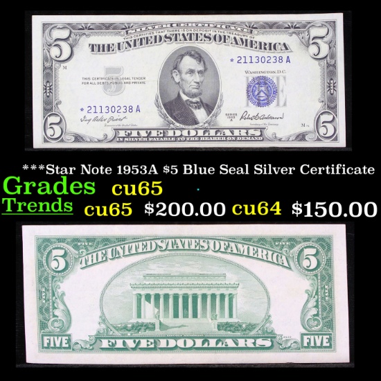 ***Star Note 1953A $5 Blue Seal Silver Certificate Grades Gem CU