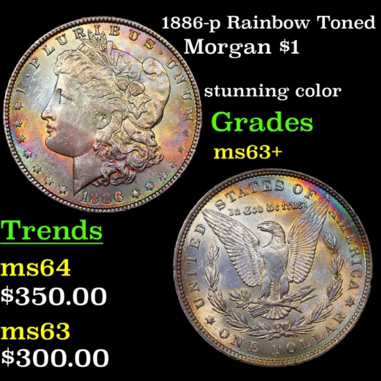 1886-p Rainbow Toned Morgan Dollar $1 Grades Select+ Unc
