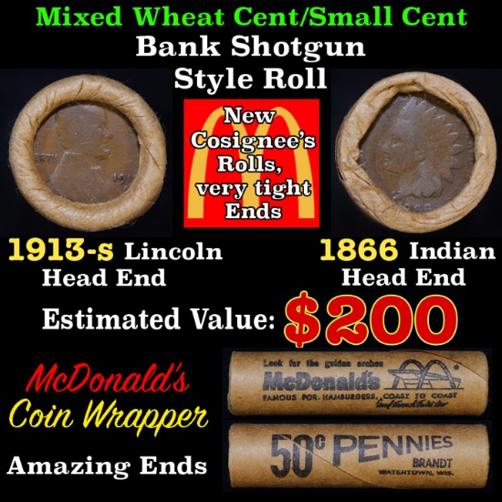 Mixed small cents 1c orig shotgun roll Brandt McDonalds, 1913-s Wheat Cent, 1866 Indian Cent other