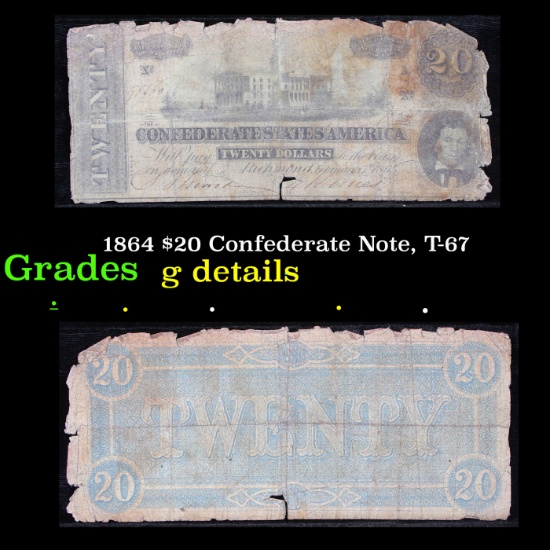 1864 $20 Confederate Note, T-67 Grades g details