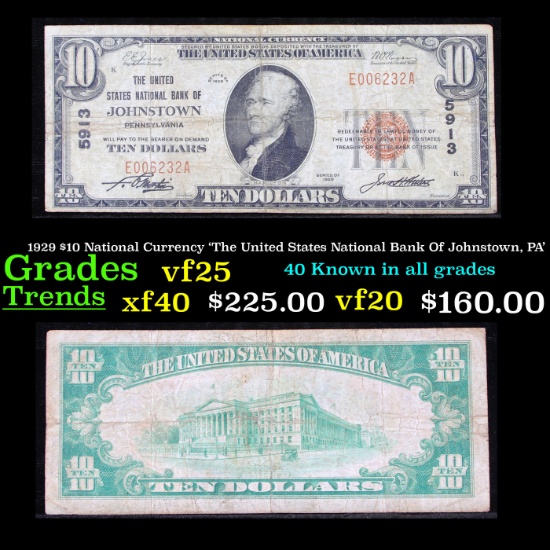 1929 $10 National Currency 'The United States National Bank Of Johnstown, PA' Grades vf+