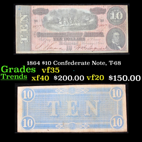 1864 $10 Confederate Note, T-68 Grades vf++